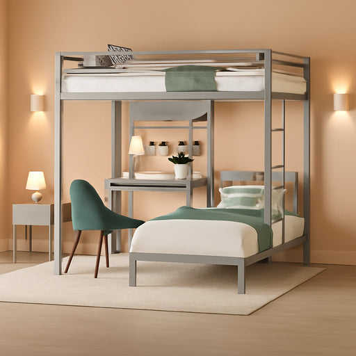 Twin over Twin Bunk Bed with Desk, 15'' Extra High Guardrail Loft Bed with LED Lights,2 Charging Station,And 2 Storage Drawers,2 Deckers Bed,Metal Space Saving Platform Bed with Vanity,White
