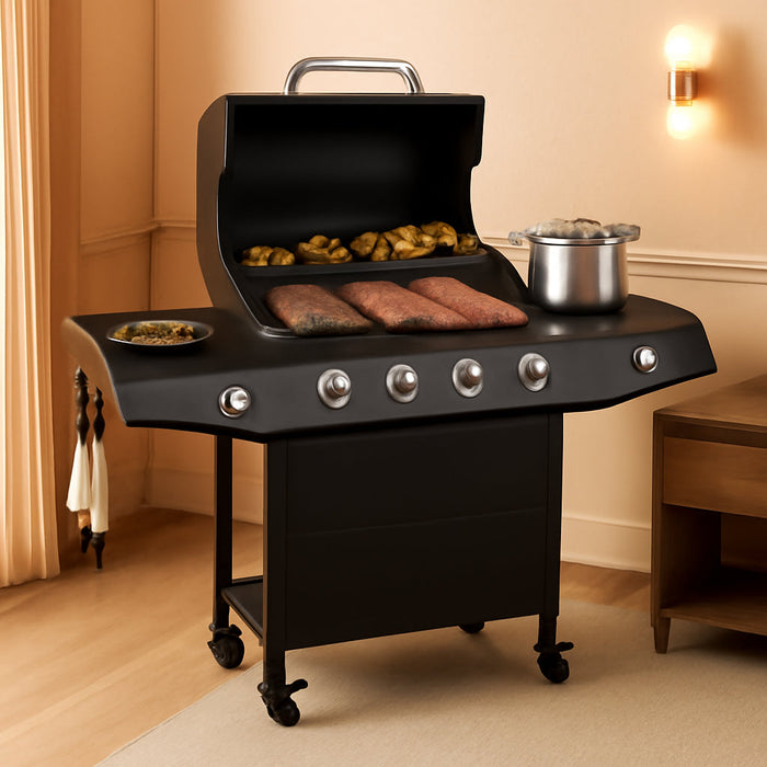 4-Burner Propane Gas Grill with Side Burner, 50,000 BTU Gas BBQ Grill with Stainless Steel Grates,Easy-Clean Grease, Side Tablesfor Patio, Camping, Backyard