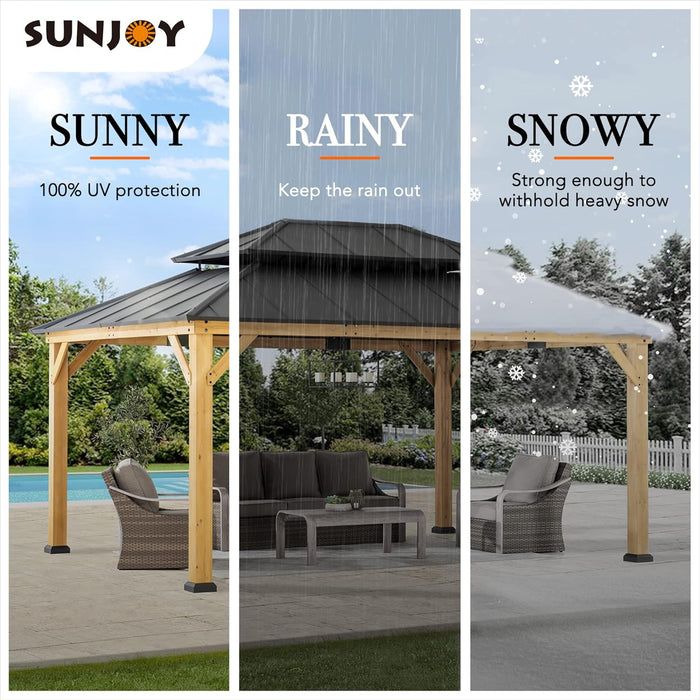 12 X 16 Ft. Wood Gazebo, Outdoor Patio Hardtop Gazebo Cedar Framed Wooden Gazebo with 2-Tier Metal Roof, Suitable for Patios, Lawn and Backyard, Matte Black Roof + Gray Wood Frame