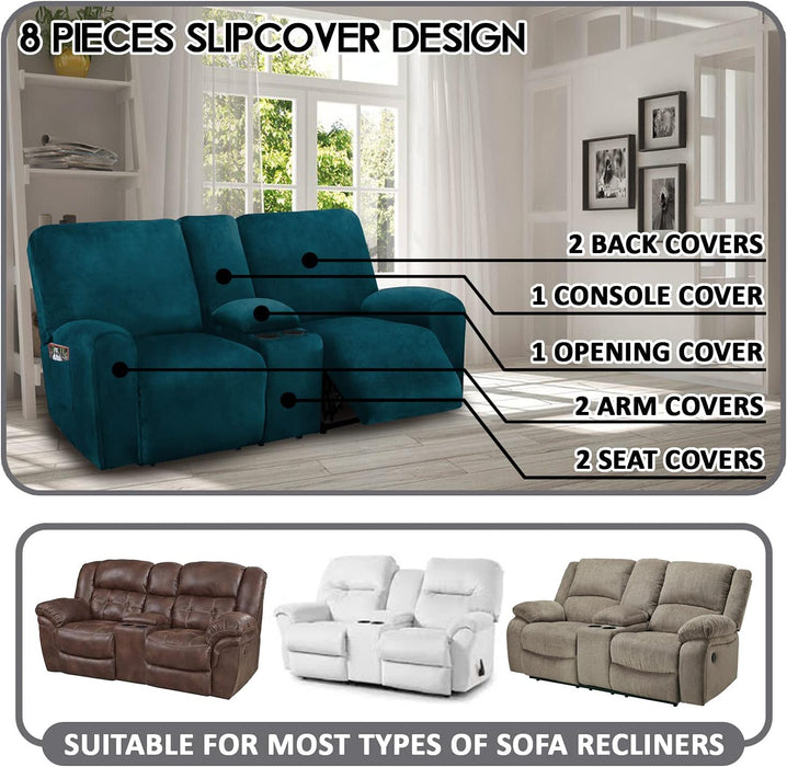 Ultimate Decor Reclining Love Seat with Middle Console Slipcover, 8-Piece Velvet Stretch Loveseat Reclining Sofa Covers, 2 Seat Love Seat Recliner Cover, Thick, Soft, Washable, (Deep Teal)