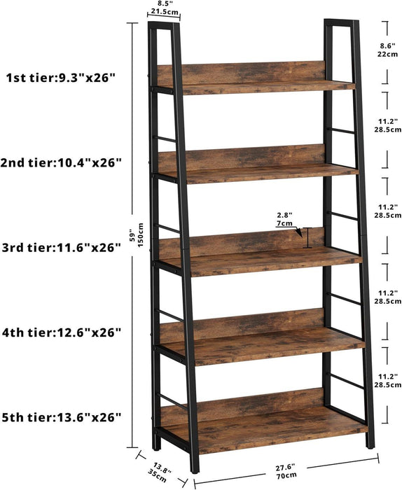 Industrial Bookshelves and Bookcases, Ladder Shelf 5 Tiers with Metal Frame for Living Room, Home Office, Rustics Brown