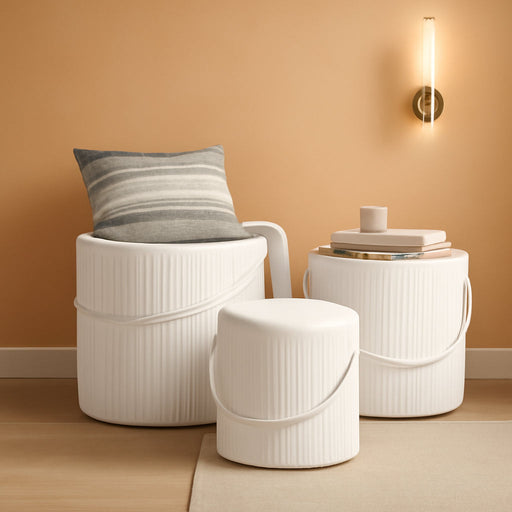 Ottoman with Storage Set of 3, round Storage Ottoman with Handle, Velvet Vanity Stool for Dorm & Bedroom, Upholstered Foot Stool for Living Room, Multifunctional Ottomans Coffee Table, White