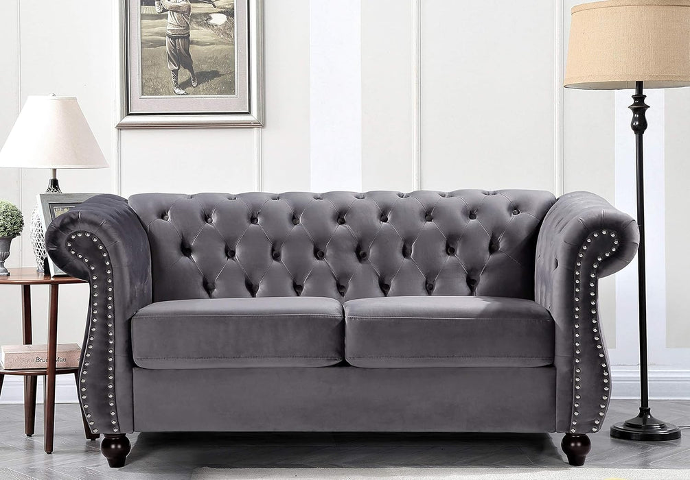 Modern Gray Velvet Chesterfield Loveseat