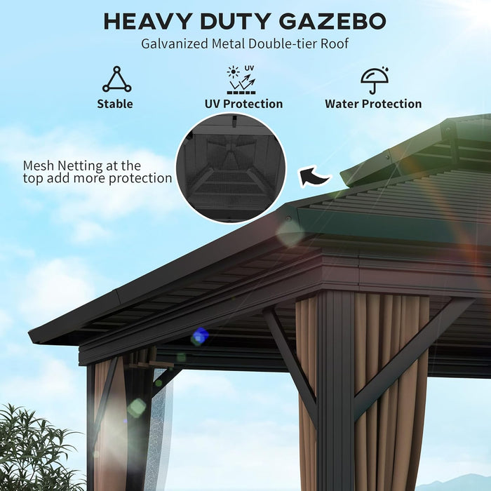10' X 10' Hardtop Gazebo Canopy with Galvanized Steel Double Roof, Aluminum Frame, Permanent Pavilion Outdoor Gazebo with Netting and Curtains for Patio, Garden, Backyard, Dark Brown