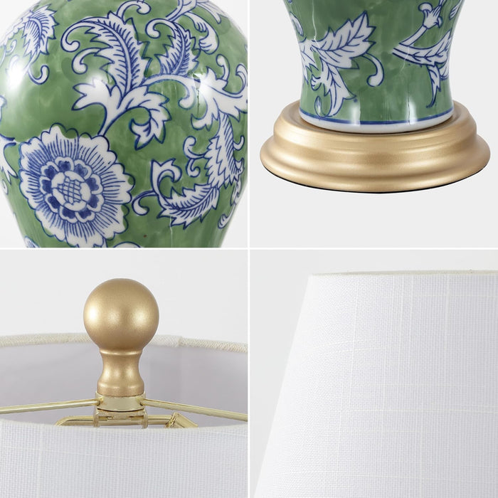 Grace 24" French Country Floral Urn Ceramic Lamp, Green/White