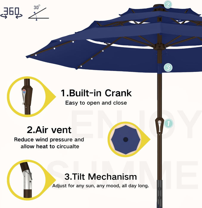 9Ft 3-Tier Patio Umbrella with Solar Lights, Table Umbrella Outdoor Patio with Easy Crank & Tilt, 8 Sturdy Ribs, UV Protection, 32 LED Lights for Deck, Poolside, Market (Navy Blue)