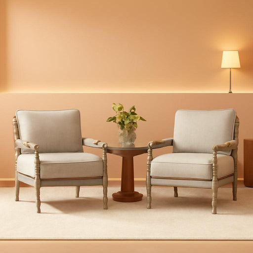 Linen Fabric Spindle Accent Chairs Set of 2,Spool Chairs with High Resilience Spring Cushion and Armrest Pads, Leisure Armchair for Living Room Bedroom Farmhouse Home Office Belcony