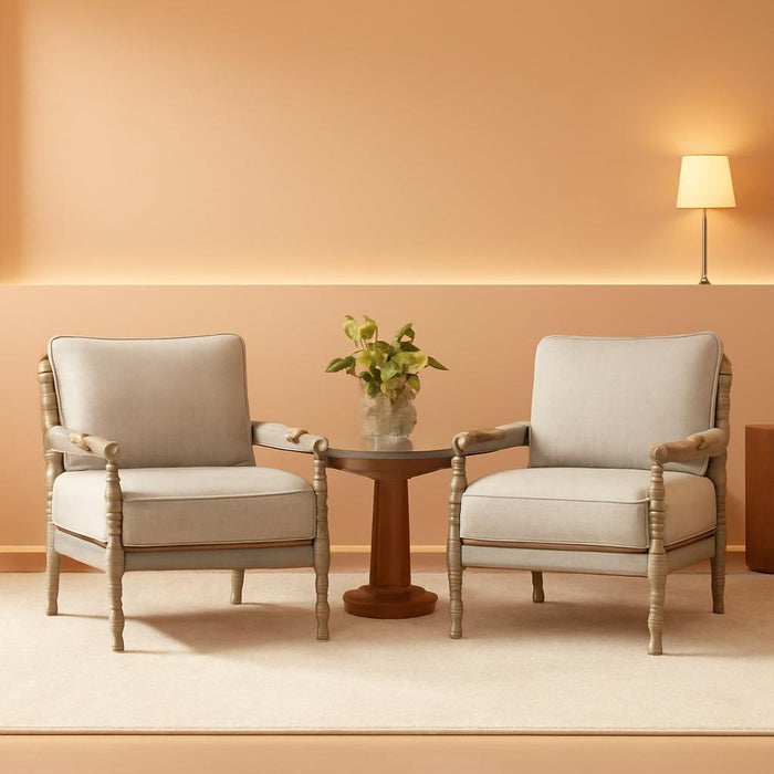 Linen Fabric Spindle Accent Chairs Set of 2,Spool Chairs with High Resilience Spring Cushion and Armrest Pads, Leisure Armchair for Living Room Bedroom Farmhouse Home Office Belcony