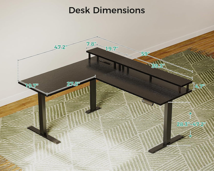 Electric L Shaped Standing Desk with Monitor Stand, 59 Inch Height Adjustable Corner Desk with Power Outlets, Large Sit Stand Table, Reversible Computer Desk for Home, Office, Black