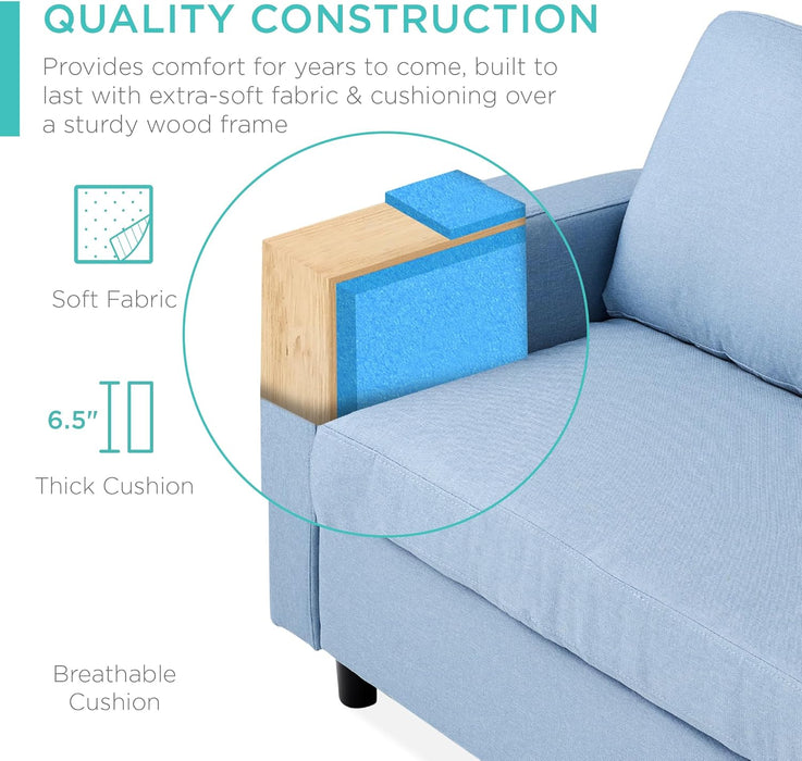 Upholstered Sectional Sofa for Home, Apartment, Dorm, Bonus Room, Compact Spaces W/Chaise Lounge, 3-Seat, L-Shape Design, Reversible Ottoman Bench, 680Lb Capacity - Light Blue