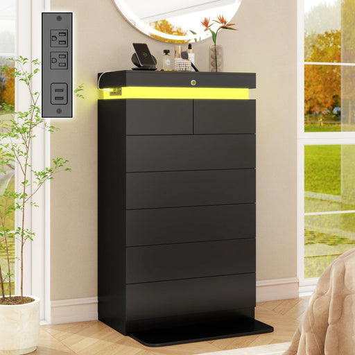 Black Tall Dresser with Sliding Top Lock & LED Light, 51.3" Tall 7 Drawer Chest of Drawers with Charging Station, Modern Wood Bedroom Storage Organizer for Closet, Hallway, Entryway