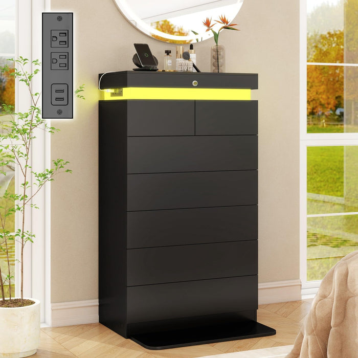 Black Tall Dresser with Sliding Top Lock & LED Light, 51.3" Tall 7 Drawer Chest of Drawers with Charging Station, Modern Wood Bedroom Storage Organizer for Closet, Hallway, Entryway