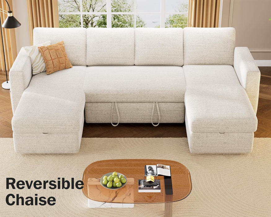 105Inch UShaped SectionalSofa With Pullout Bed Beige