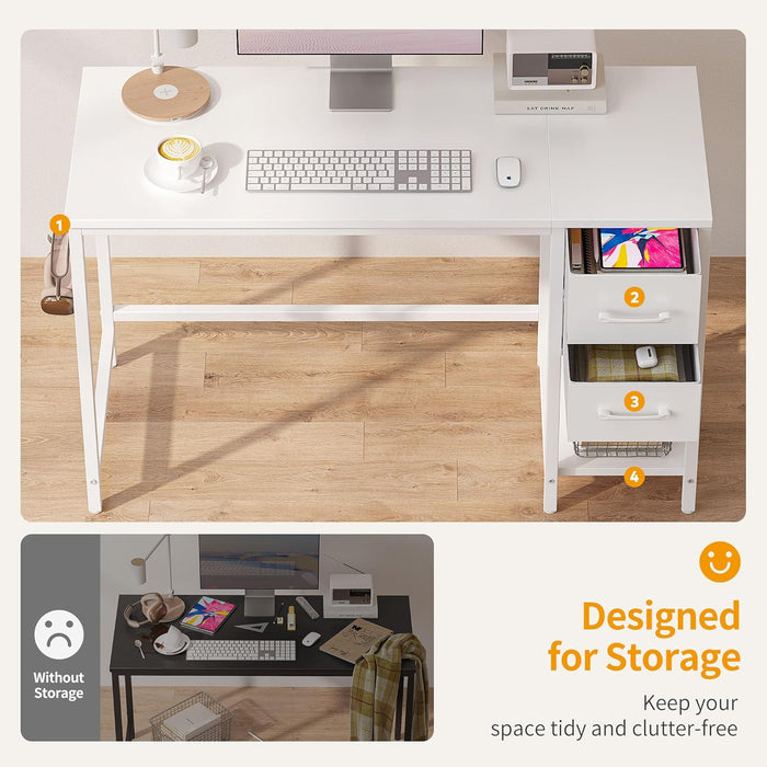 47 Inch White Ergonomic ExecutiveDesk With Drawers