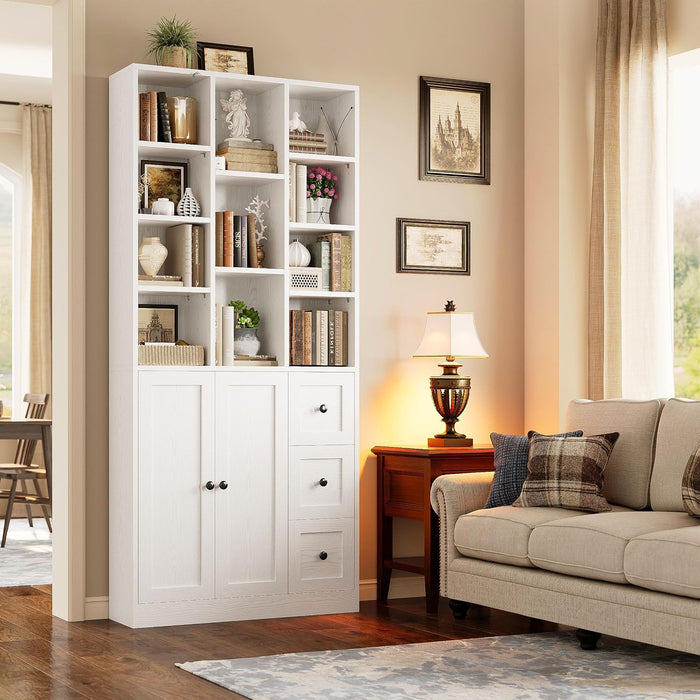 Bookshelf with 2 Doors and 3 Drawers, 71" Storage Bookcase, White