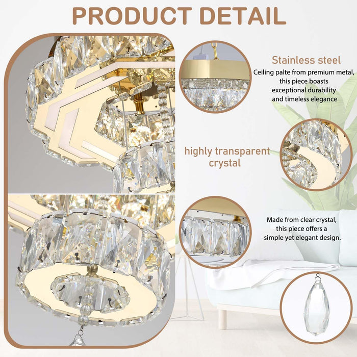 Small Crystal Chandeliers Dia 12" Gold Chandelier Flush Mount Ceiling Light for Bedroom Living Room Dining Room Hallway Dimmable 3 Rings LED Celing Lighting Fixtures