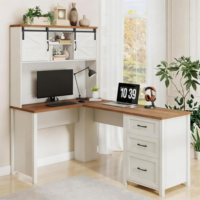 Farmhouse 68" H L Shaped Desk with Hutch,Office Table with 3 Drawers and Sliding Doors, Executive Desk with File Drawers,Workstation for Home Office & Study, Unique White.