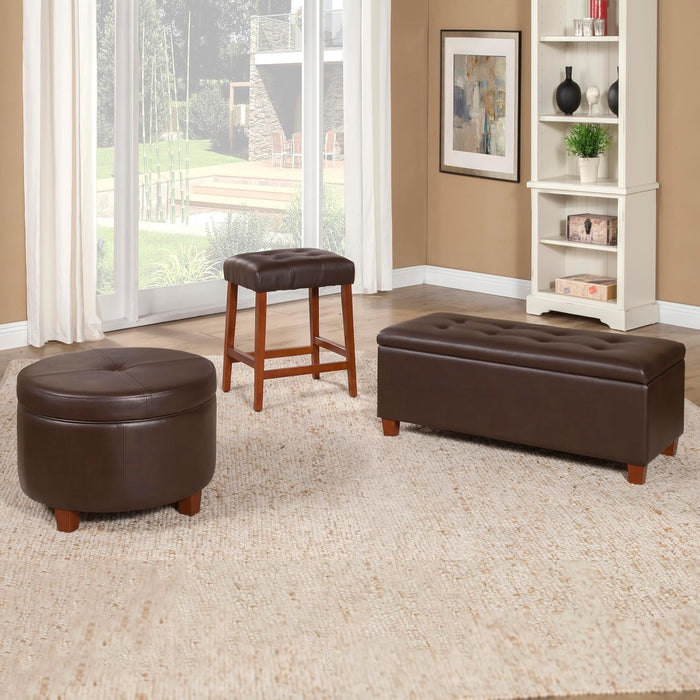round Leatherette Storage Ottoman with Lid, Chocolate Brown Large