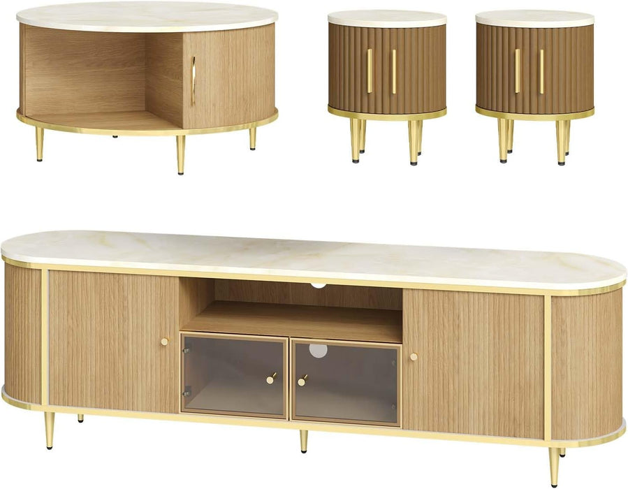 4-Piece Luxury Living Room Table Set, Includes 70" Fluted TV Stand, Fluted Coffee Table and Fluted Nightstand Set of 2 with Storage Drawers, Wood