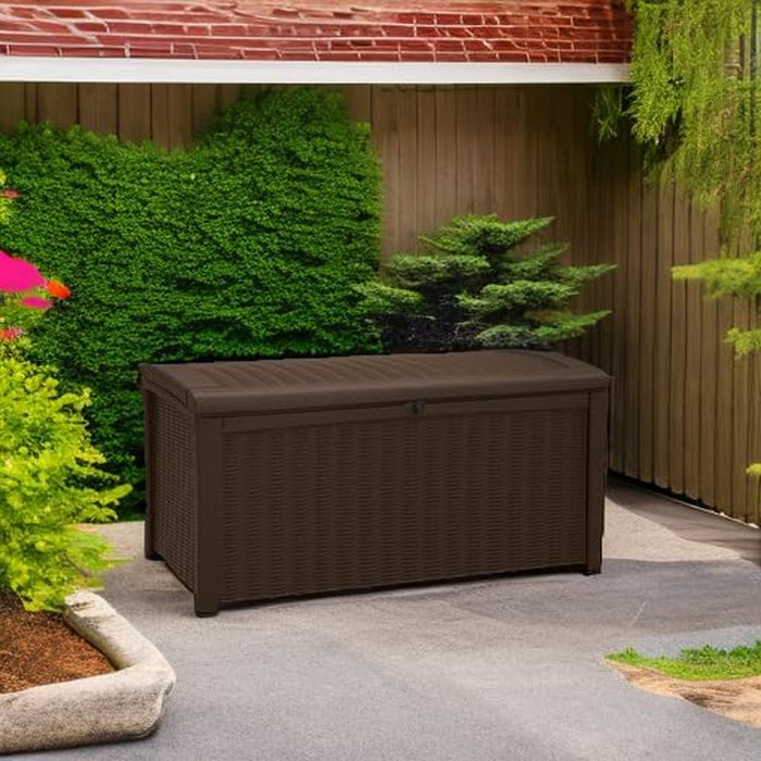 Outdoor Storage Deck Box, for Patio, Backyard & Garden, Borneo, 110 Gallon, Brown - Lockable, Organizing, and Waterproof Plastic Container Bench