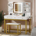 Makeup Vanity Desk Set with Mirror and Lights & Charging Station & Makeup Stool, 3 Drawers Vanity Table with 3 Hidden Storage Shelves for Bedroom (White & Gold) 39.5" W, Upgraded