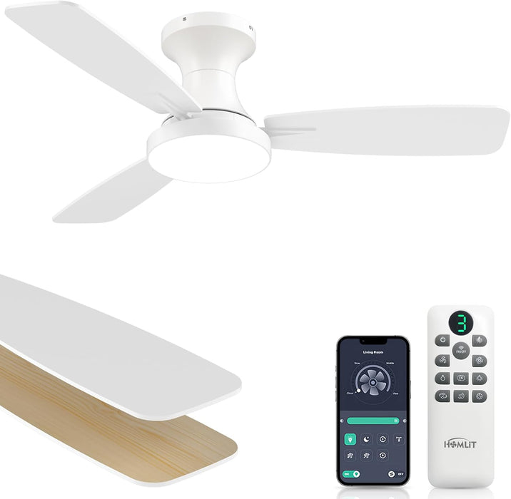 42 Inch Smart Ceiling Fan with Light, Low Profile Flush Mount with Remote Control, Ultra-Quiet Reversible DC Motor, 3 Color Temperatures & 6 Speed Dimmable Lighting for Bedroom, White