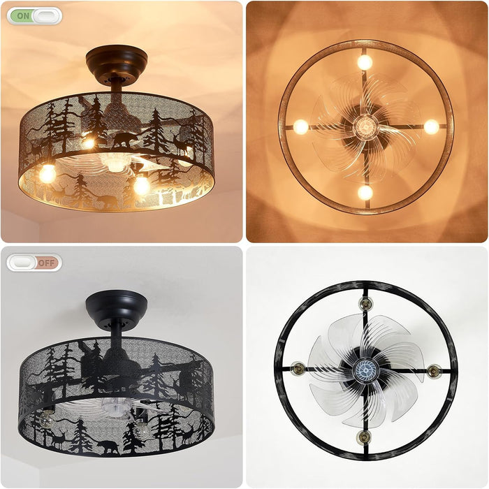 Rustic Ceiling Fan with Light and Remote, Black round Fandelier