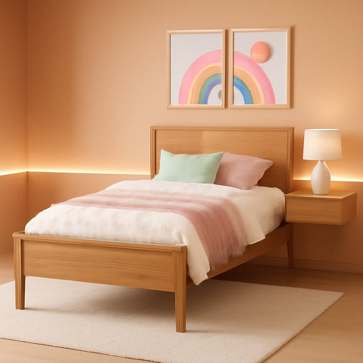 Twin Bed, Solid Wood Twin Bed Frame with Panel Headboard, Kids Twin Bed with Wood Slat Support, No Box Spring Needed, Pecan