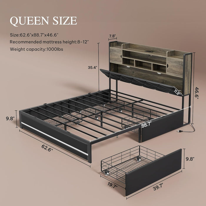 Queen Size Bed Frame with RGB LED Lights & Storage Bookcase Headboard, Upholstered Bed with Charging Station and 4 Drawers, No Box Spring Needed, Easy Assembly, Noise-Free, PU Leather Black