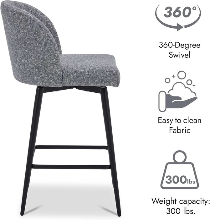 Counter Height Bar Stools Set of 3, 360° Swivel Upholstered Barstools with Backs and Metal Legs, 26" H Seat Height, Fabric in Grey (Multi-Colored)