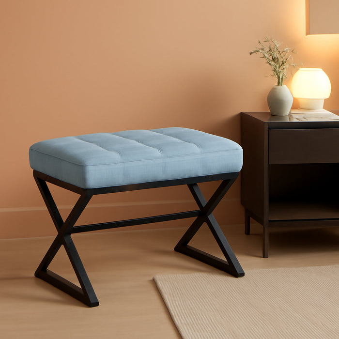 Vanity Stool, Linen Footrest Stool, Ottoman Bench with X-Shaped Metal Legs, Makeup Dressing Stool for Vanity, Living Room, Bedroom, Entryway, Hallways 15.74"D×11.81"W×18.11"H Blue Gray UHBD033L