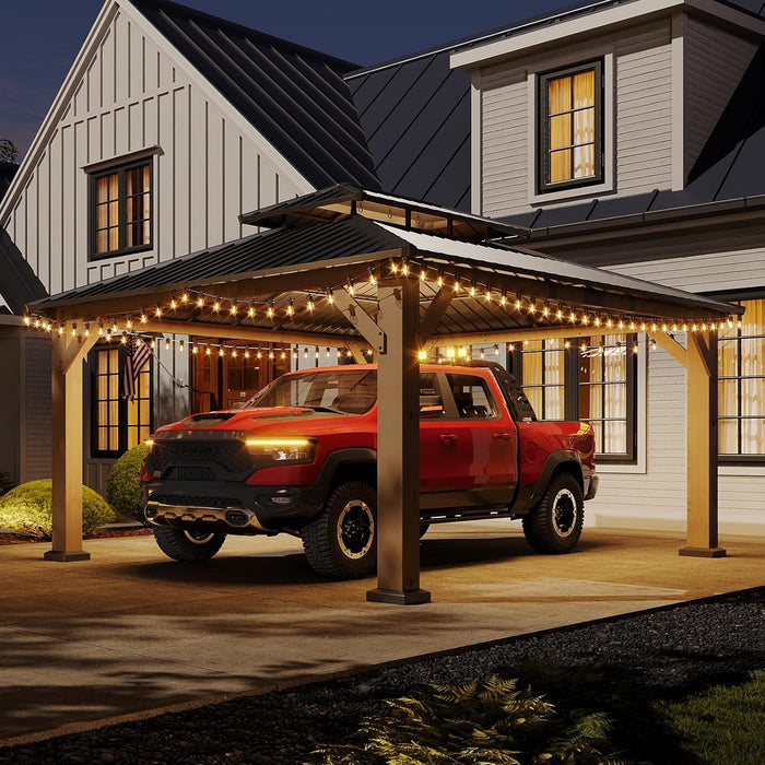 12' X 16' Outdoor Cedar Wood Hardtop Carport, Heavy Duty Gazebo with Double Galvanized Steel Roof, All-Weather Wind & Snow Resistant Permanent Pavilion for 2 Cars, Boat, Patio, Backyard