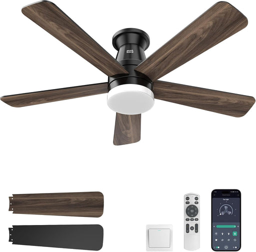 Ceiling Fans with Lights, 42 Inch Ceiling Fan with Light with App/Remote Control, 6000K Dimmable LED, Modern Flush Mount Ceiling Fan for Indoor Bedroom Living Room, DC Reversible, Black