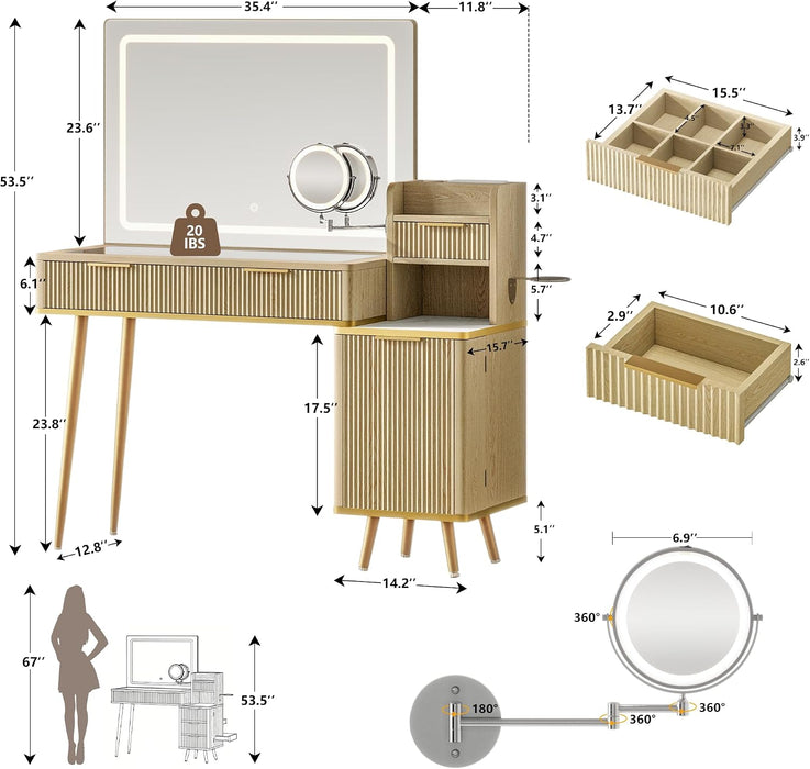 47" Vanity Desk with 5X Magnifying Mirror & 3-Color LED Light, Fluted Glass Top Makeup Table, USB Charging & Hair Dryer Holder, Dressing Table with Adjustable Shelves for Bedroom, Natural Oak