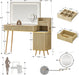 47" Vanity Desk with 5X Magnifying Mirror & 3-Color LED Light, Fluted Glass Top Makeup Table, USB Charging & Hair Dryer Holder, Dressing Table with Adjustable Shelves for Bedroom, Natural Oak