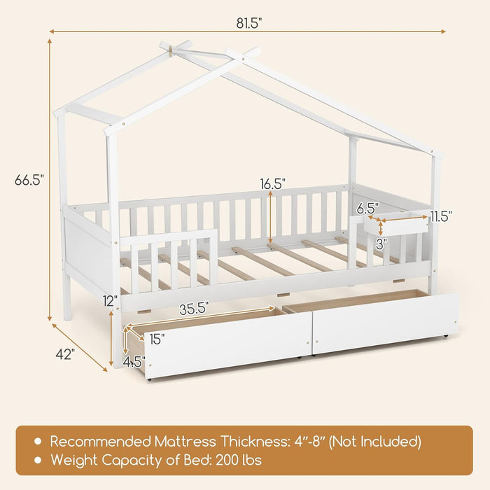 Twin House Bed White With IntegratedStorage Drawers
