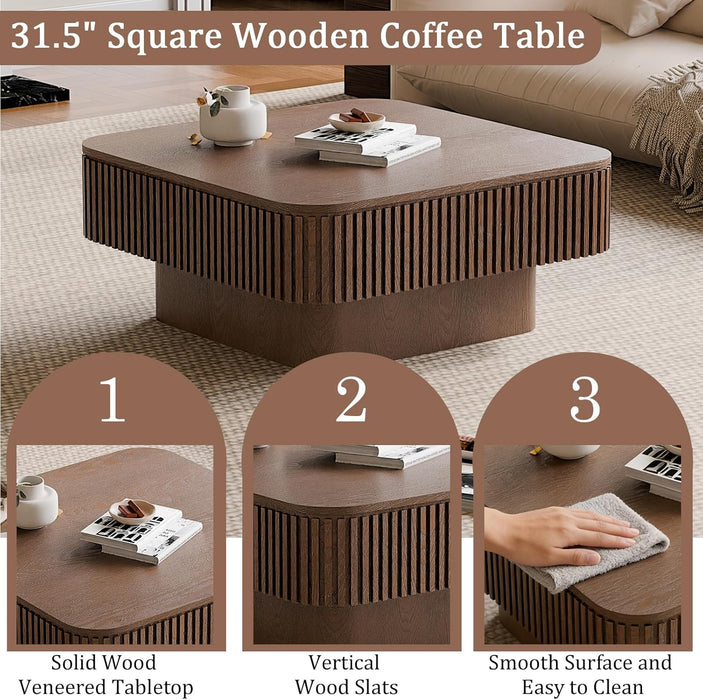 31.5 Inch Square Drum Coffee Table with Storage, Modern Handcraft Fluted Drum Coffee Table, Wooden Square Center Table Cocktail Tea Table with Sturdy Pedestal for Living Room Apartment (Walnut)