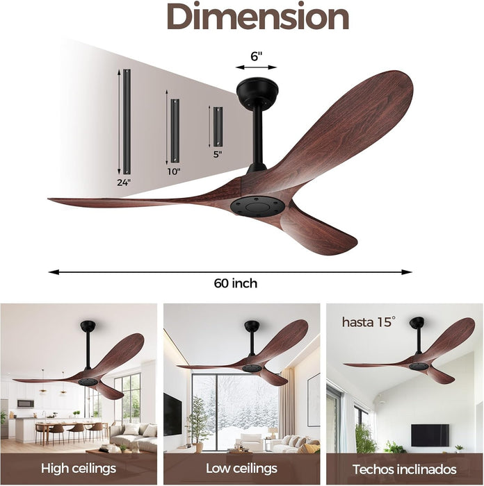 52 Inch Ceiling Fan without Lights, Walnut Finish | Outdoor Ceiling Fan with Remote, 6-Speed Adjustable Reversible DC Motor for Patio & Living Room