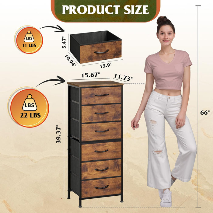 Tall Dresser for Bedroom, 6 Drawer Dressers & Chests of Drawers, Fabric Dresser for Closet, Night Stand with Metal Frame, Storage Tower with Fabric Bins, Wood Top, Rustic Brown Wood Grain Print