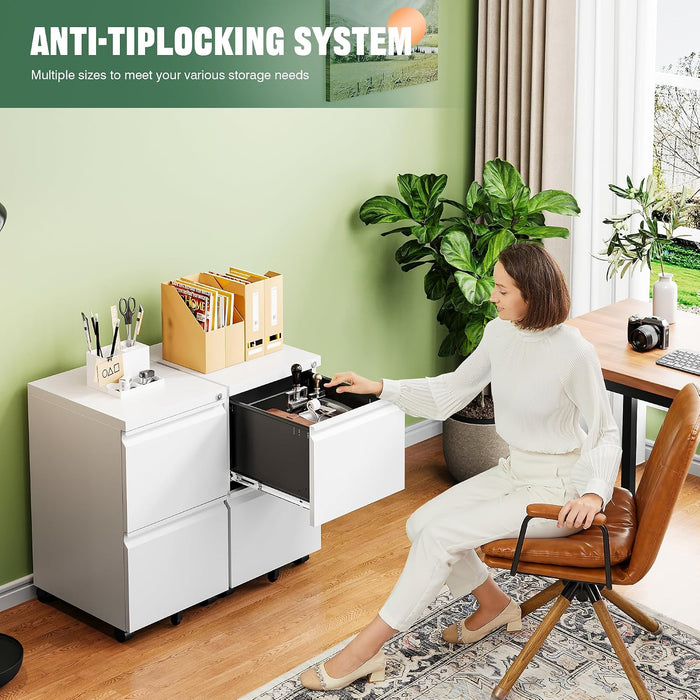 2 Drawer Mobile File Cabinet with Lock,Under Desk Metal Filing Cabinets for Home Office Organizer Letters/Legal/A4(Fully Assembled-White)