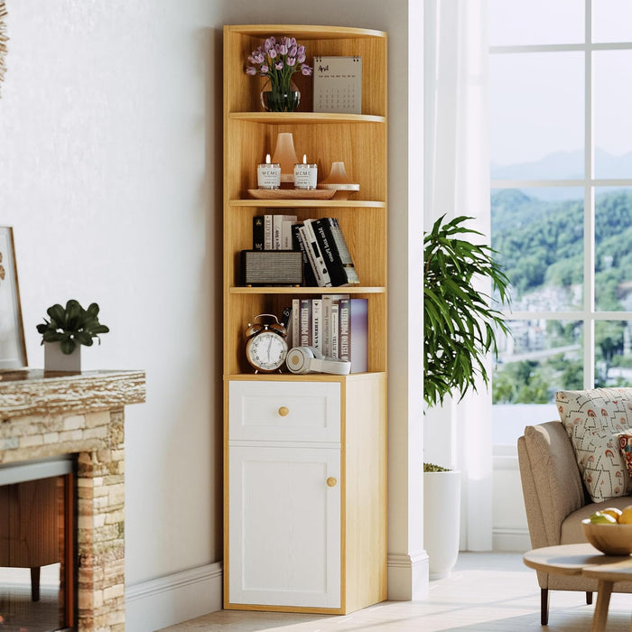 Corner Bookshelf and Bookcase, 71" H Wooden Book Shelves 4 Tier with Drawers and Storage Cabinet for Living Room, Office, Bedroom, Oak and White