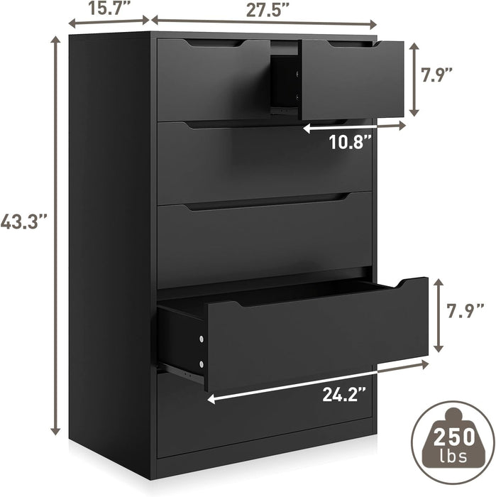 Black 6-Drawer Dresser with Large Storage