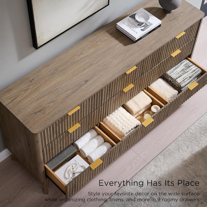 63" Wide Fluted 9 Drawer Dresser for Bedroom, Grey Alder