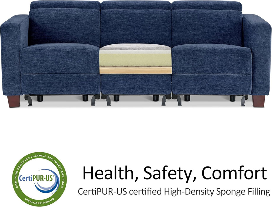 Zero Wall Recliner Sofa, Power Reclining Sofa, Wall Hugger Power Recliner Sofa with Adjustable Headrest, USB & Type C Ports, for Living Room, Fabric, HL198M3 (Navy Blue, 3-Seater)