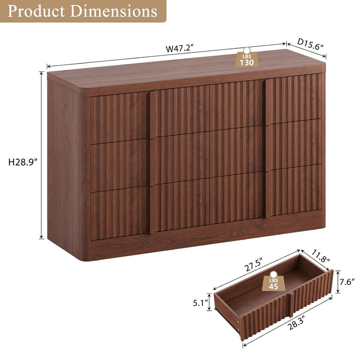 Walnut Dresser for Bedroom, 47" Wide 6 Drawer Dresser, Modern Chest of Drawers with Solid Wood Handle, Curved Profile Design, Wood Dresser Storage Organizer, Living Room, Hallway