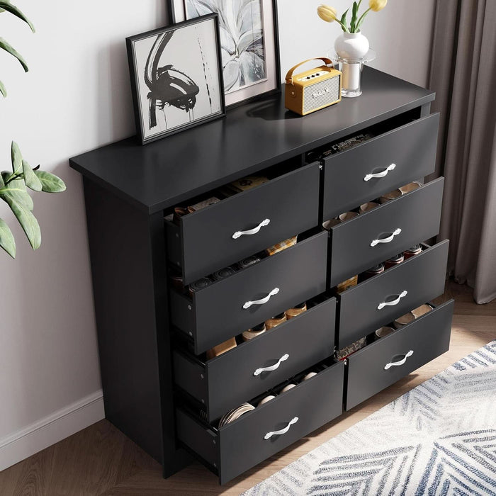 Modern 8 Drawer Dresser for Bedroom, Tall Bedroom Dresser with Large Drawers and Metal Handles, Wooden Chest of Drawers, Storage Cabinet and Organizer for Living Room, Hallway, Black