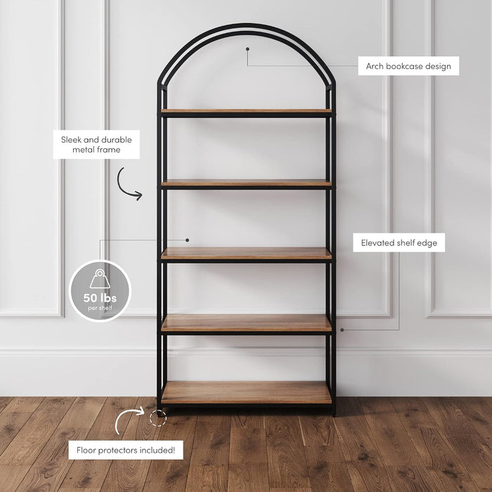 Nathan James Haven Etagere Bookshelf, 5-Shelf Bookcase in Oak Wood and Black Metal Frame with Arch Top and Open Shelves, Oak/Black, Set of 2