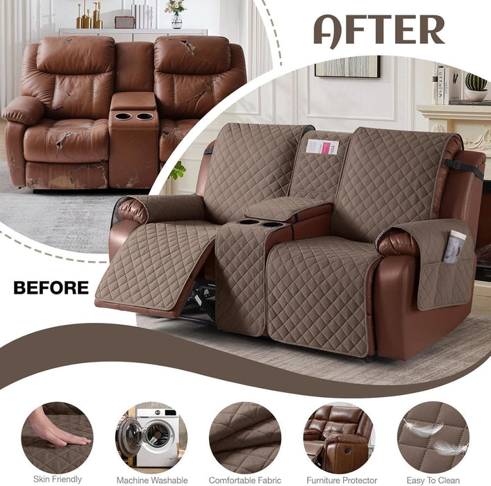 100% Waterproof Recliner Loveseat Cover with Console, Non-Slip Reclining Couch Covers for 2 Seat, Recliner Sofa Cover Furniture Protector with Elastic Straps for Kids, Pets, Brown