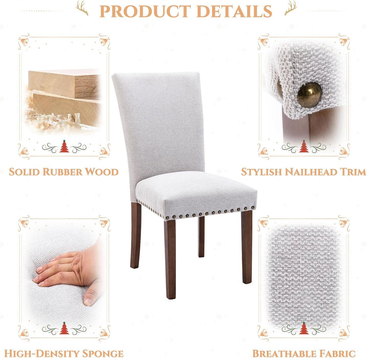 Fabric Dining Chairs Set of 2, Parsons Chairs Upholstered Nailhead Dining Room Kitchen Chair with Thick Cushions and Wood Legs, Light Grey