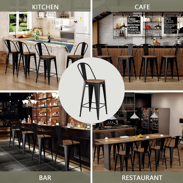 Metal Bar Stools Set of 4, 30" Black Bar Height Stools with Back